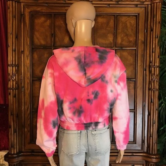 Raspberry Fleece Lined Cotton Blend Cropped Tie Dye Sweatshirt Hoodie - Picture 3 of 15